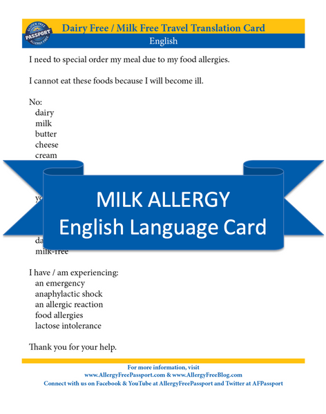 GlutenFree Passport Dairy Free Cards English Milk Allergy Cards